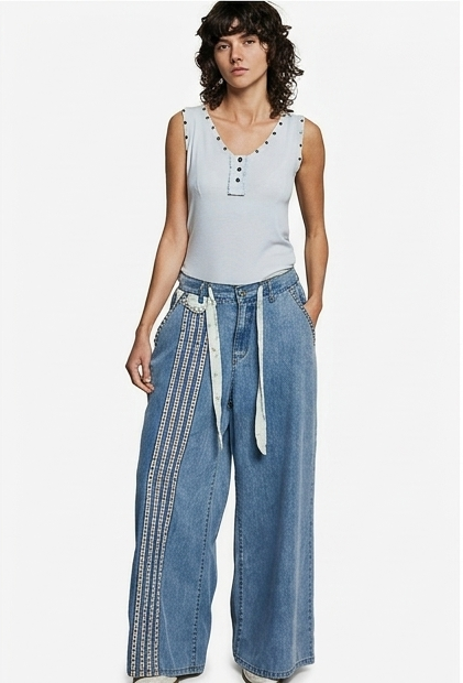 Waistband Double Gauze Lace Floral Trim Buckle Back Pants