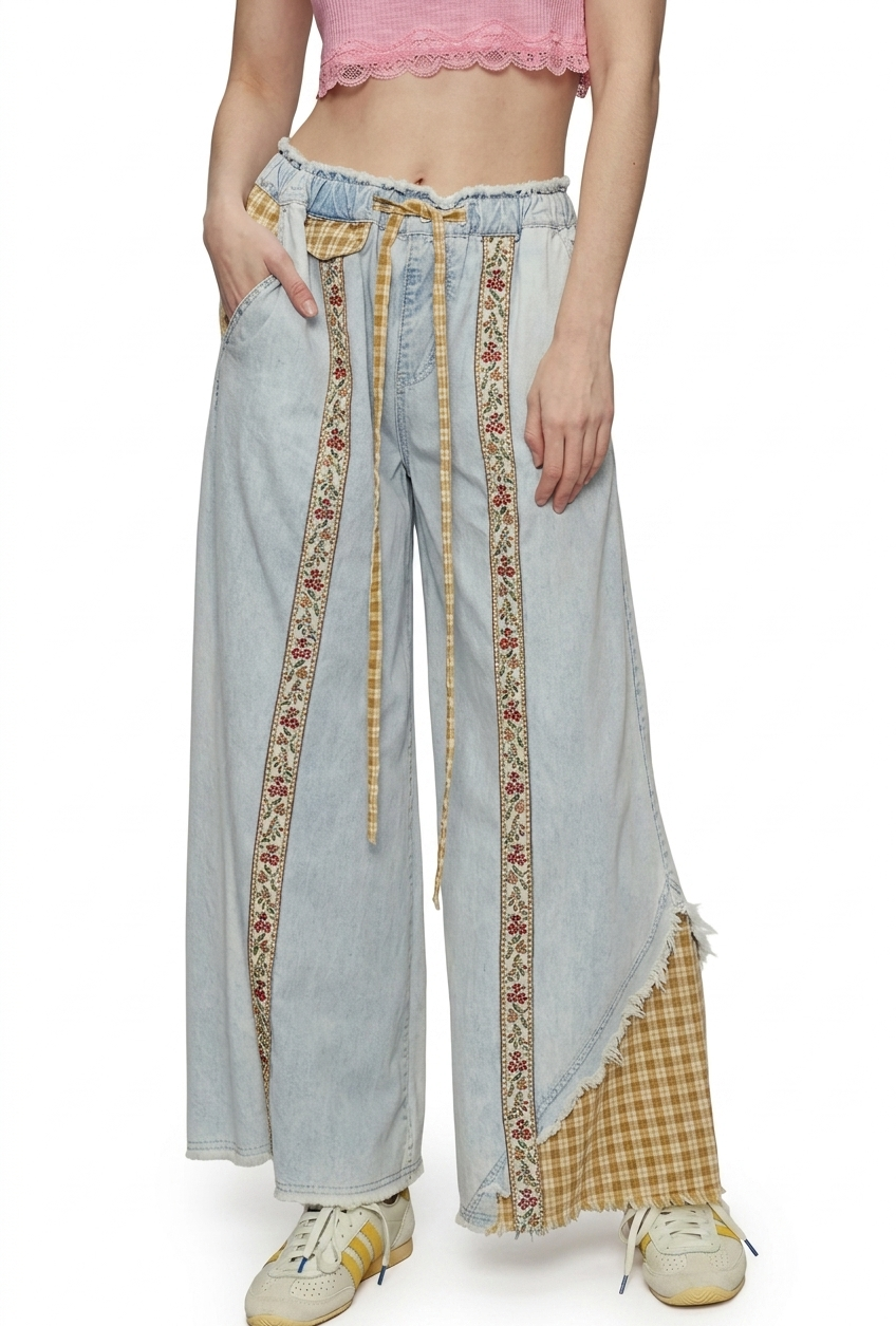 POL Clothing Contrast Buckle Back Floral Trim Down Woven Pants