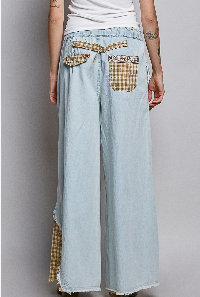 POL Clothing Contrast Buckle Back Floral Trim Down Woven Pants