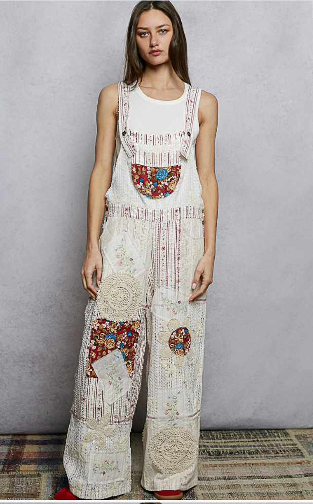 Floral Patch Stitch Detail Wide Leg Woven Overalls – POL