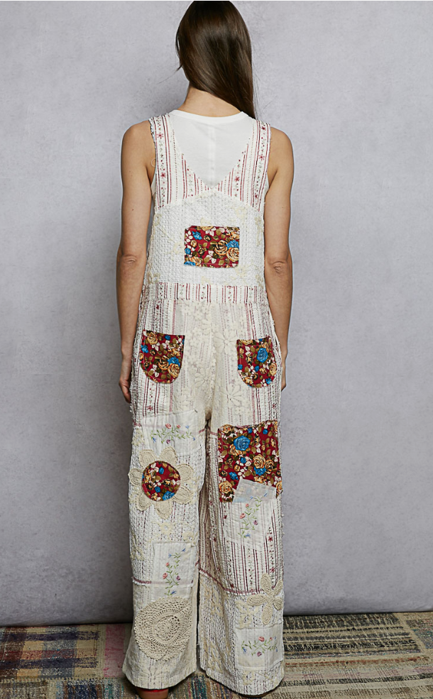Floral Patch Stitch Detail Wide Leg Woven Overalls – POL
