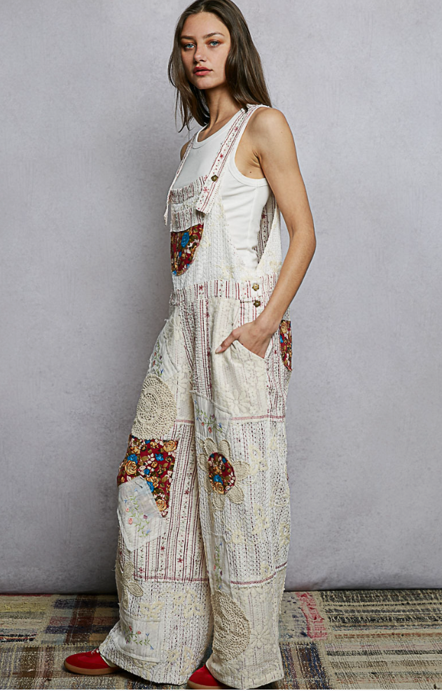 Floral Patch Stitch Detail Wide Leg Woven Overalls – POL