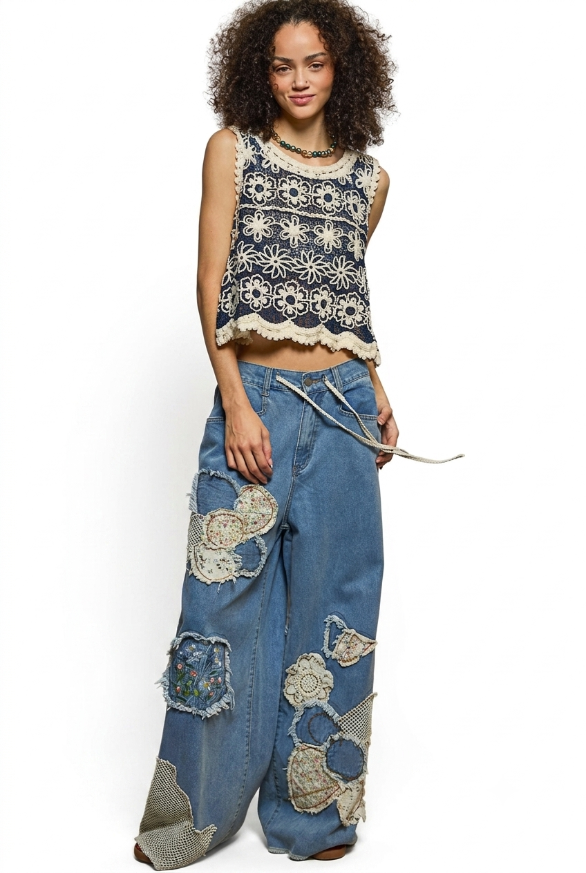 Floral Embroidered Patches Butterfly Patchwork Woven Pants