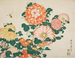 Traditional Japanese woodblock print of flowers and a butterfly on a beige background