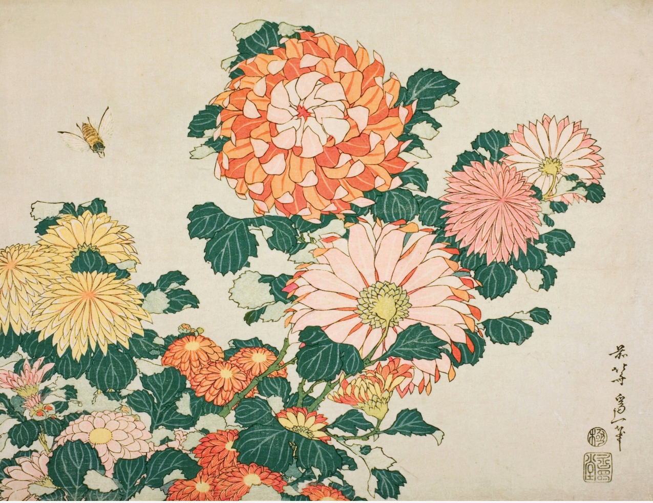 Traditional Japanese woodblock print of flowers and a butterfly on a beige background