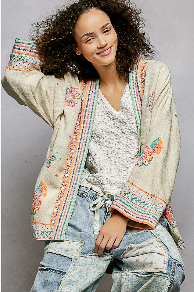 Long Sleeve Kimono Spangle Embroidered Open Cardigan - POL
