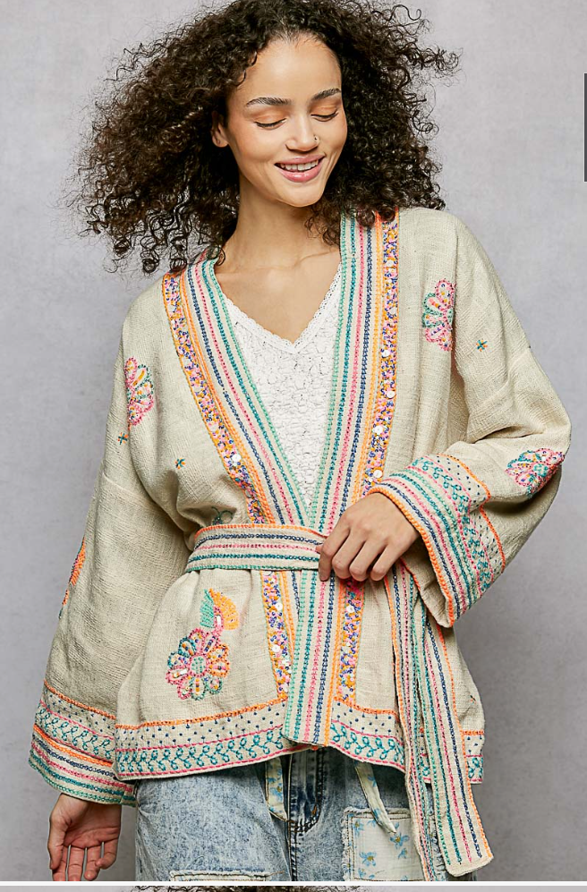 Long Sleeve Kimono Spangle Embroidered Open Cardigan - POL