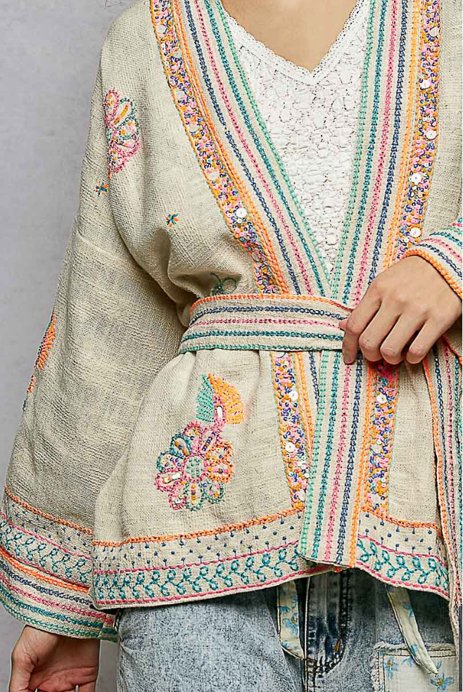 Long Sleeve Kimono Spangle Embroidered Open Cardigan - POL