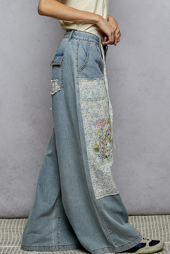 Floral Embroidered Buckle Back Detail Denim Woven Pants-POL
