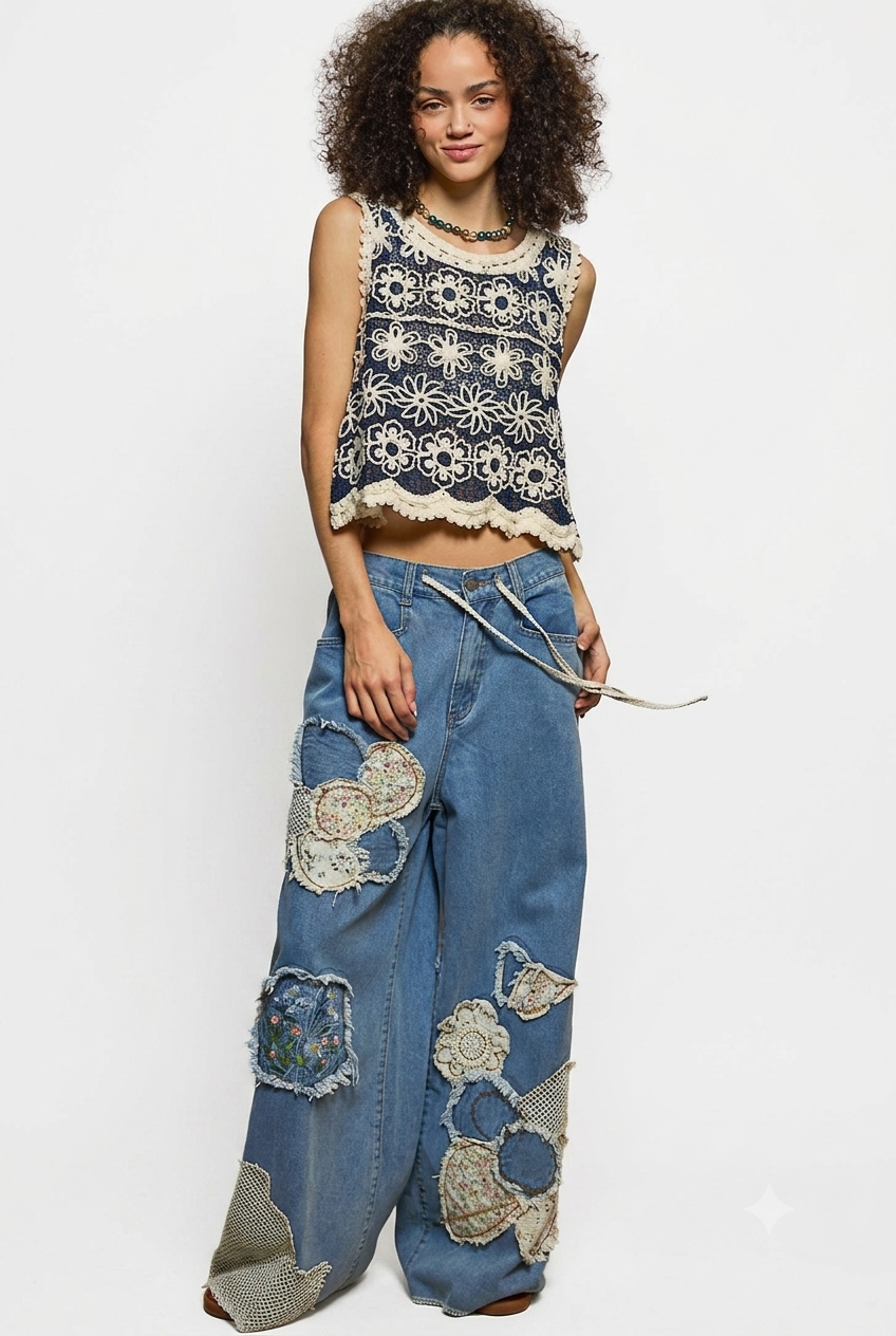 Floral Embroidered Patches Butterfly Patchwork Woven Pants
