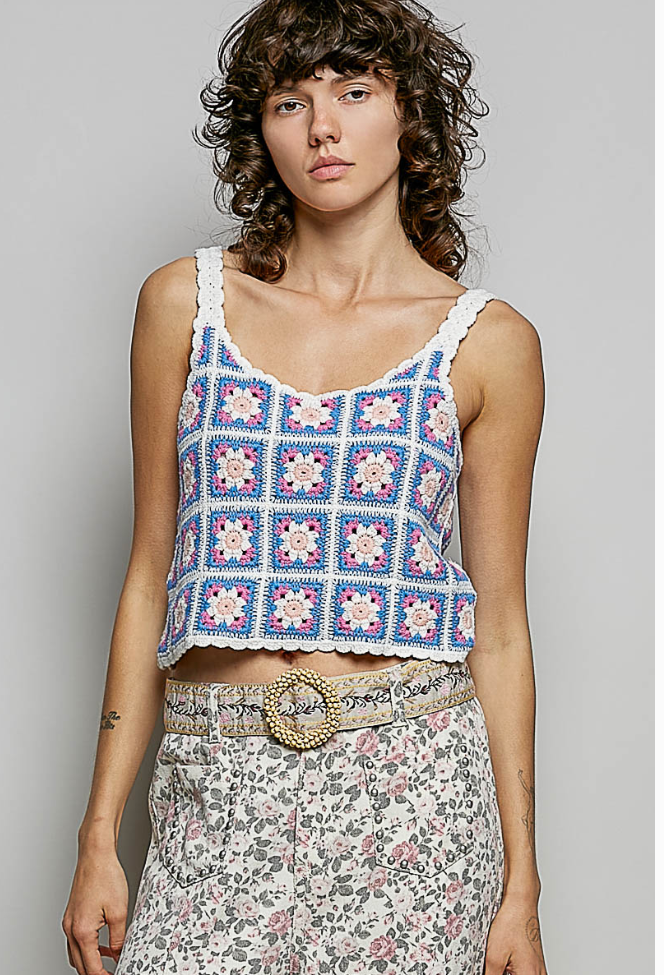 Round Neck Sleeveless Granny Square Crochet Knit Top POL
