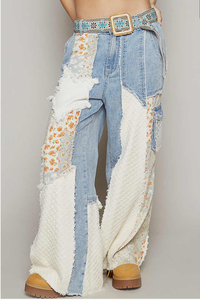 Printed Patchwork Detail Woven Twill Pants
