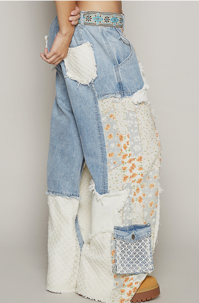 Printed Patchwork Detail Woven Twill Pants