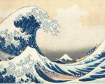 Famous artwork of a large wave with Mount Fuji in the background on a computer screen.