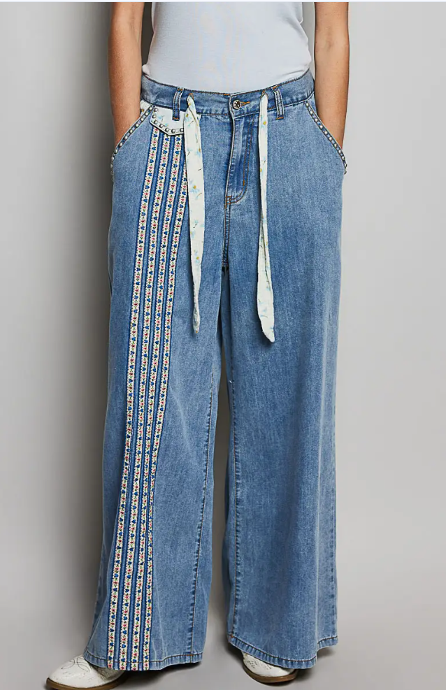 Waistband Double Gauze Lace Floral Trim Buckle Back Pants