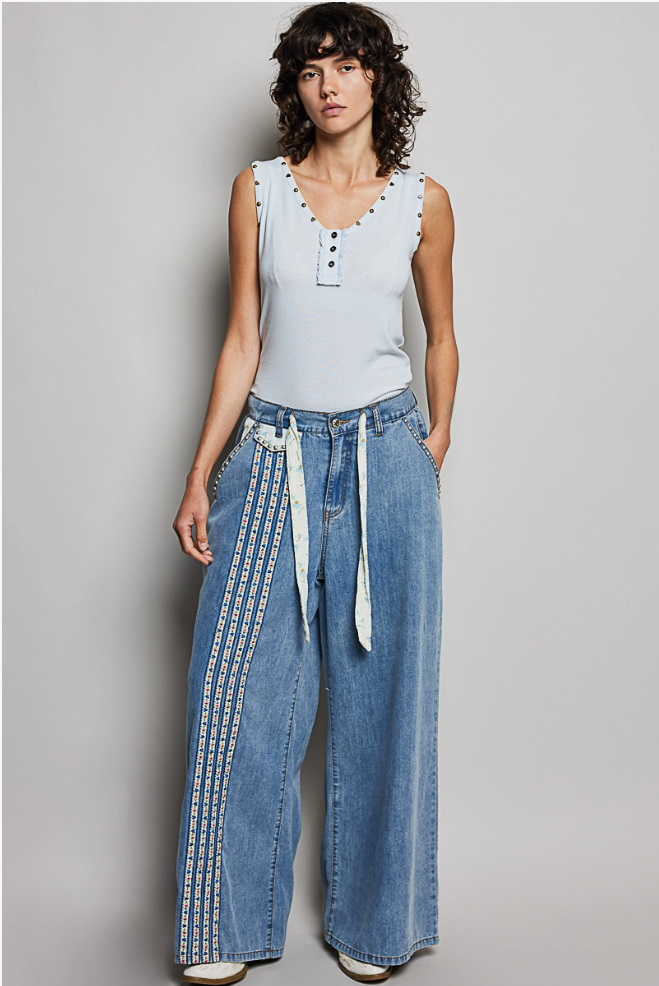 Waistband Double Gauze Lace Floral Trim Buckle Back Pants
