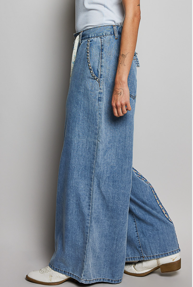 Waistband Double Gauze Lace Floral Trim Buckle Back Pants