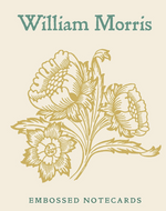 William Morris embossed notecards featuring a vintage botanical design of three gold flowers on a cream background, with the name 'William Morris' at the top and 'EMBOSSED NOTECARDS' at the bottom.