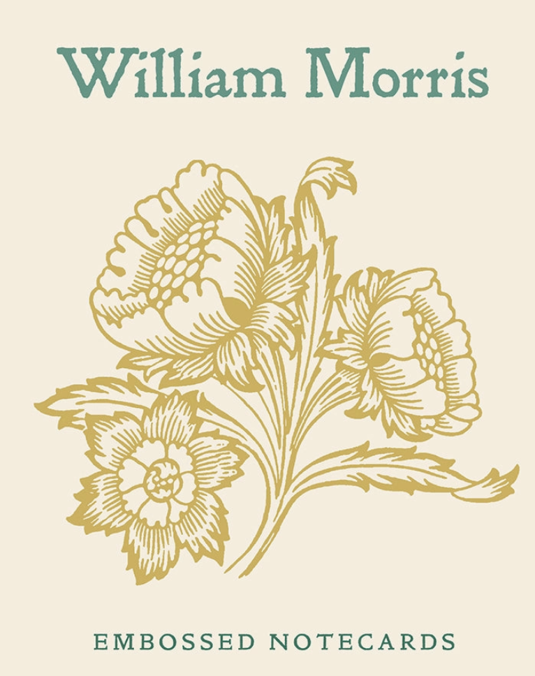 William Morris embossed notecards featuring a vintage botanical design of three gold flowers on a cream background, with the name 'William Morris' at the top and 'EMBOSSED NOTECARDS' at the bottom.