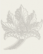 A detailed botanical line art illustration of a stylized leaf with intricate dotted and hatched patterns, rendered in gray on a warm off-white background.