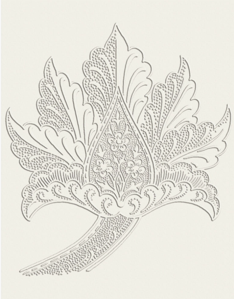 A detailed botanical line art illustration of a stylized leaf with intricate dotted and hatched patterns, rendered in gray on a warm off-white background.