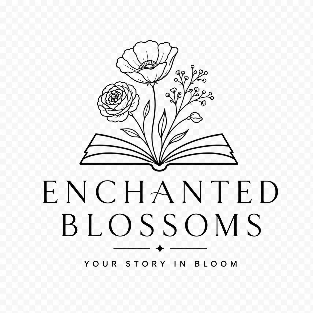 Enchanted Blossoms logo with floral book illustration and Your Story in Bloom tagline
