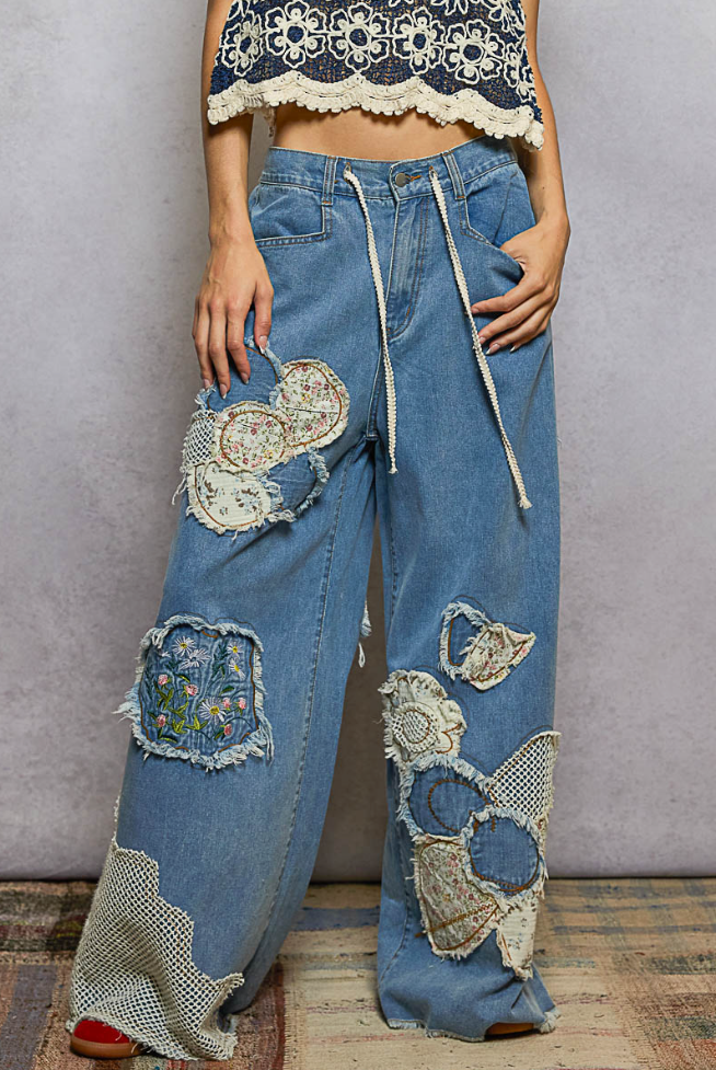 Floral Embroidered Patches Butterfly Patchwork Woven Pants