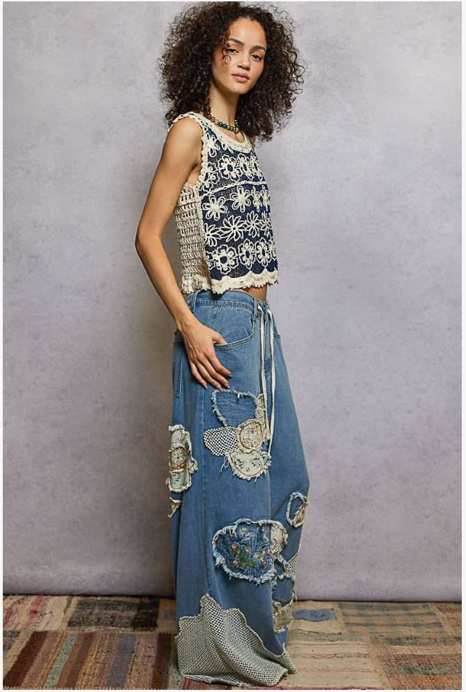Floral Embroidered Patches Butterfly Patchwork Woven Pants
