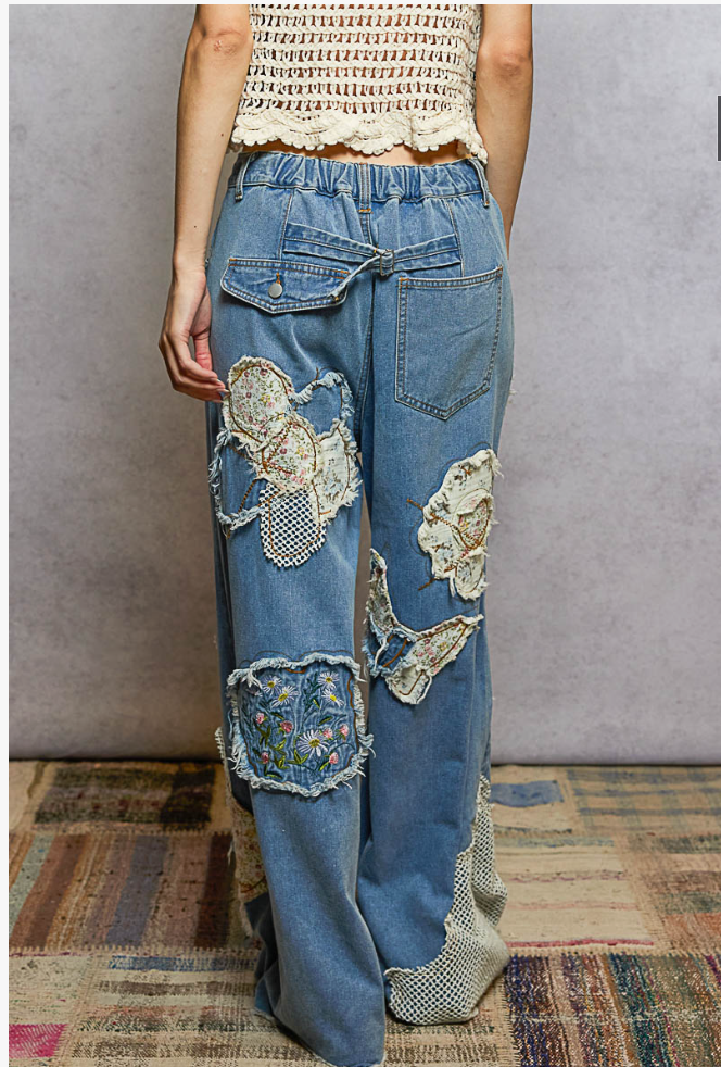 Floral Embroidered Patches Butterfly Patchwork Woven Pants