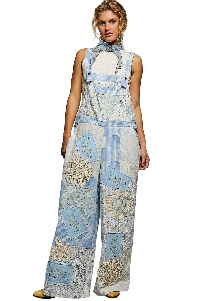 Floral Patch Stitch Detail Wide Leg Woven Overalls by POL Clothing