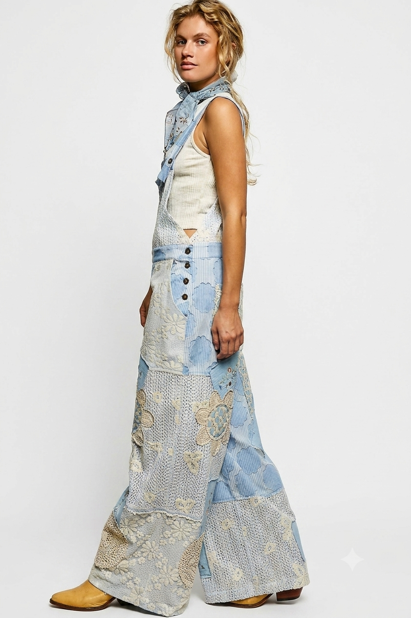 Floral Patch Stitch Detail Wide Leg Woven Overalls by POL Clothing
