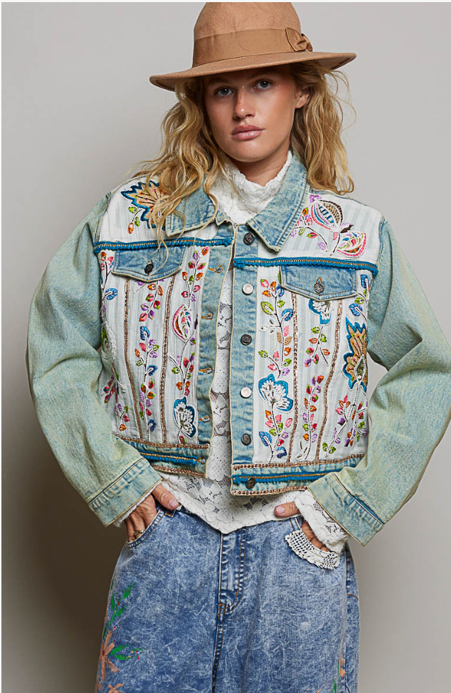 Jacquard Vintage Wash Floral Embroidered Denim Jacket