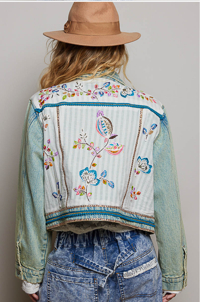 Jacquard Vintage Wash Floral Embroidered Denim Jacket