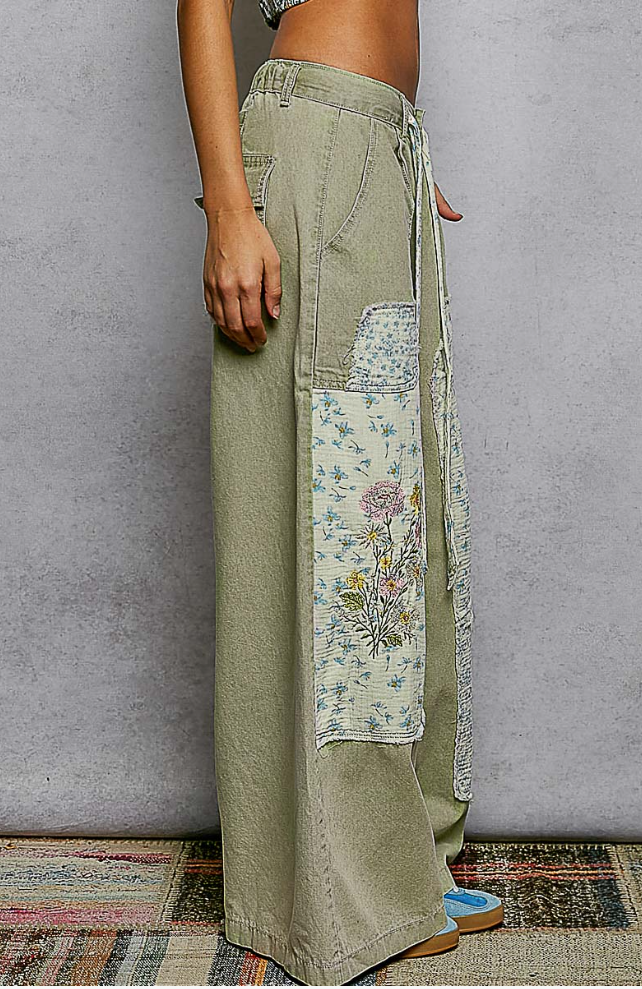 POL Floral Embroidered Buckle Back Patchwork Denim Pants – Olive