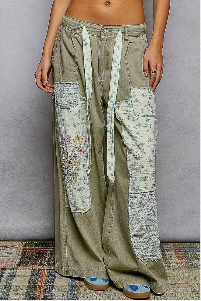 POL Floral Embroidered Buckle Back Patchwork Denim Pants – Olive