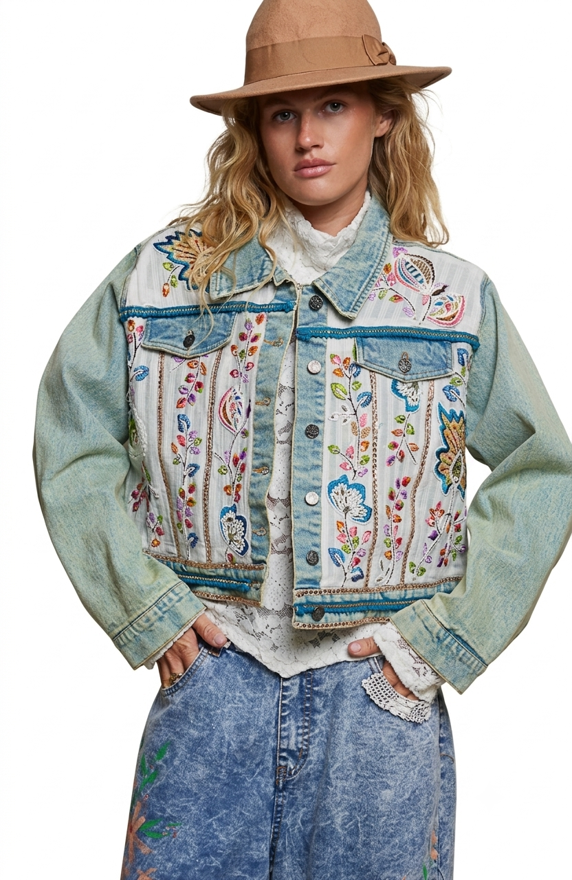 Jacquard Vintage Wash Floral Embroidered Denim Jacket