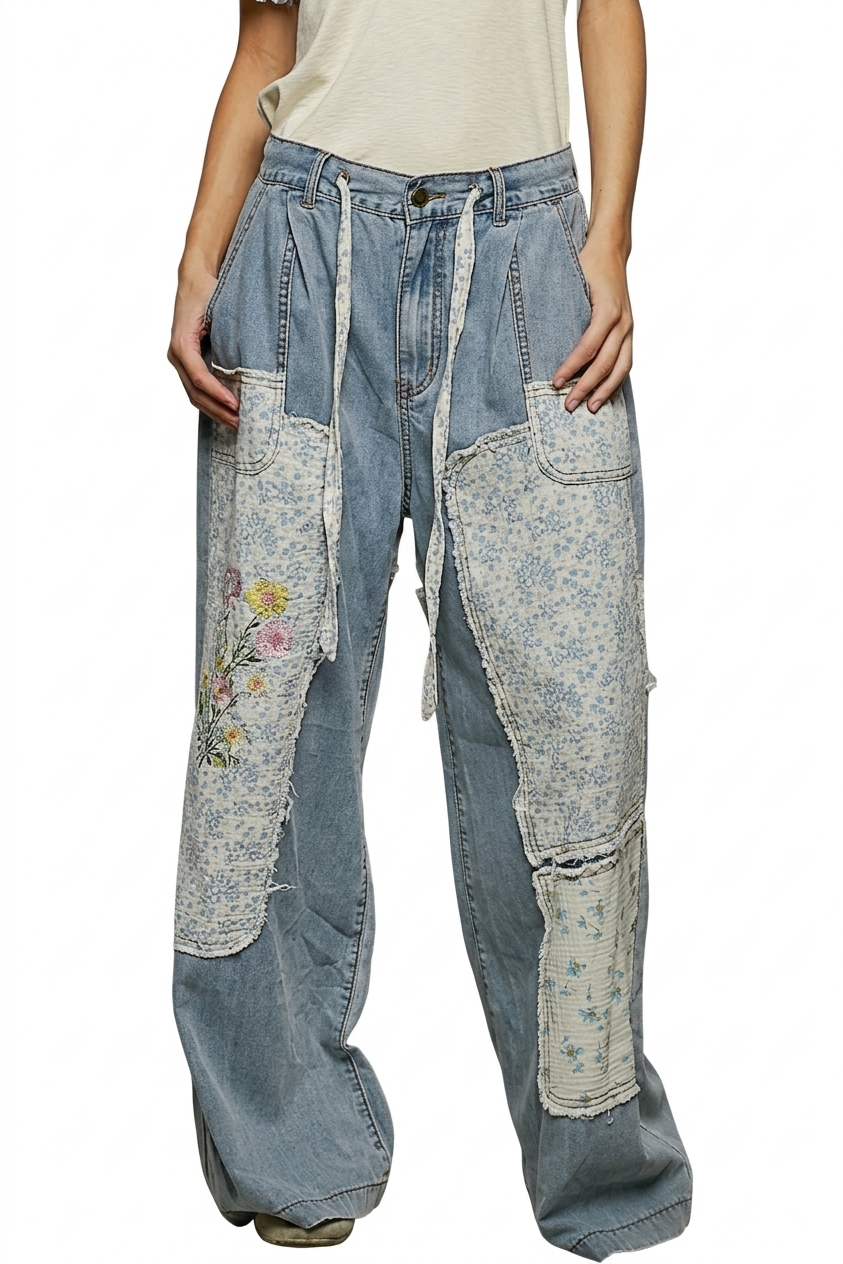 Floral Embroidered Buckle Back Detail Denim Woven Pants-POL