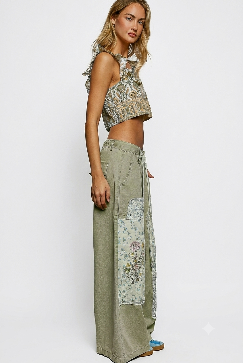 POL Floral Embroidered Buckle Back Patchwork Denim Pants – Olive