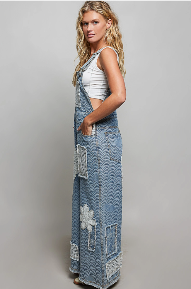Crochet Contrast Patch Detail Chest Pocket Woven Overalls-POL