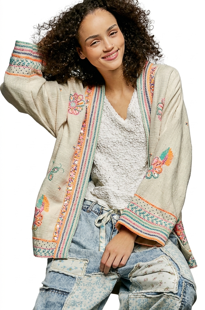 Long Sleeve Kimono Spangle Embroidered Open Cardigan - POL