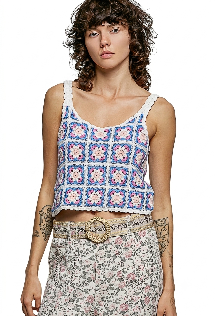 Round Neck Sleeveless Granny Square Crochet Knit Top POL
