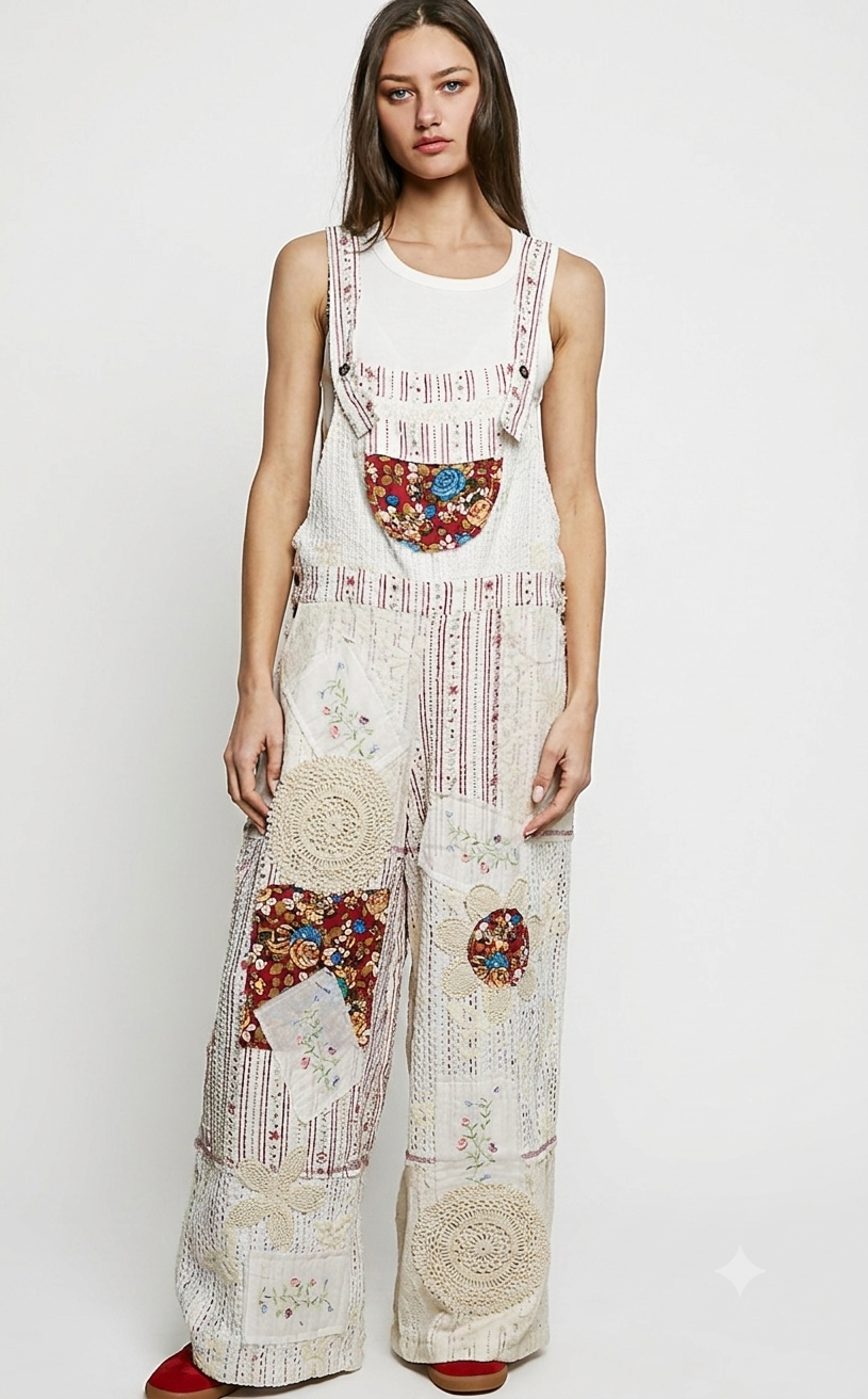 Floral Patch Stitch Detail Wide Leg Woven Overalls – POL