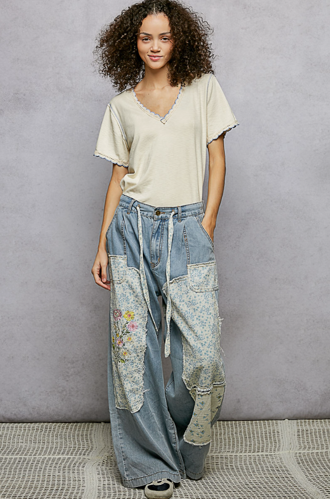 Floral Embroidered Buckle Back Detail Denim Woven Pants-POL