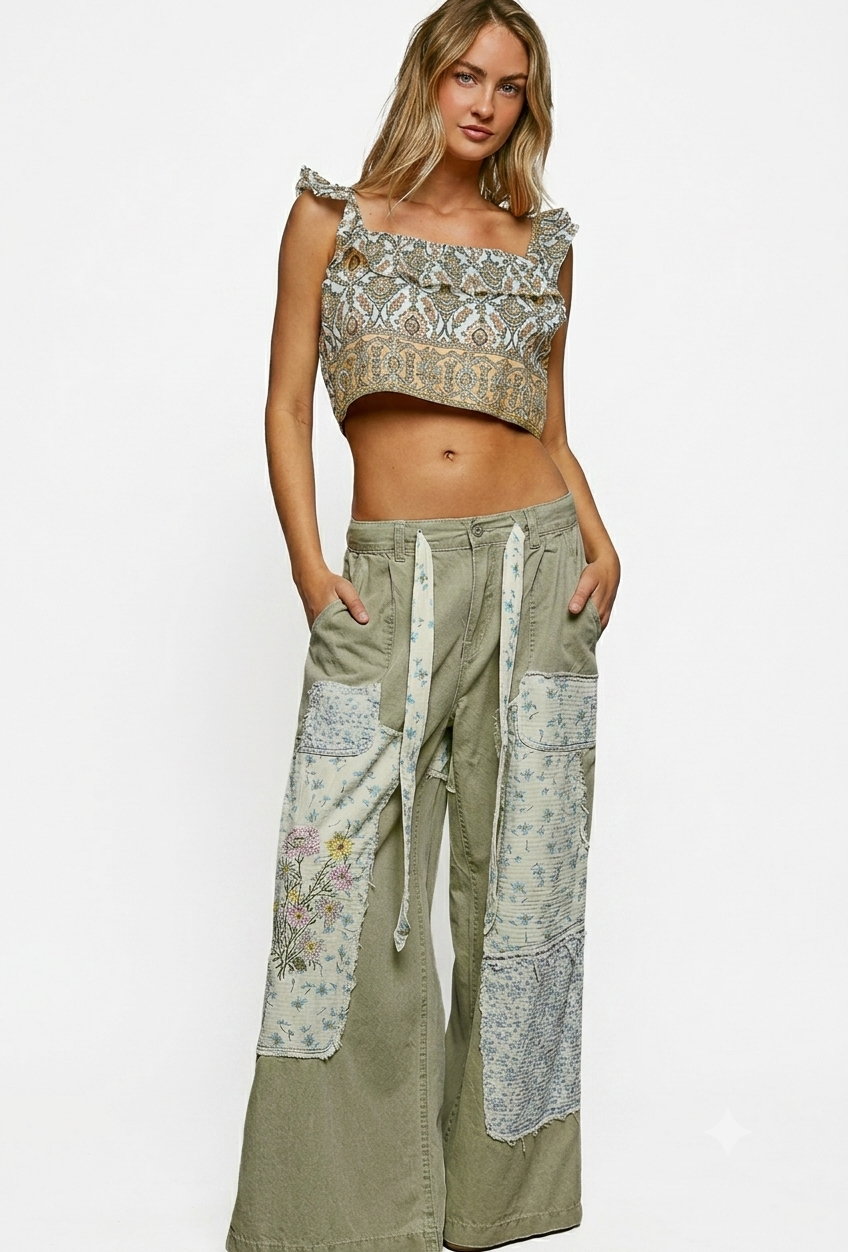 POL Floral Embroidered Buckle Back Patchwork Denim Pants – Olive