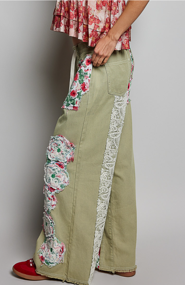 Drawstring Floral Patch Denim Pants - Deep Sage-POL