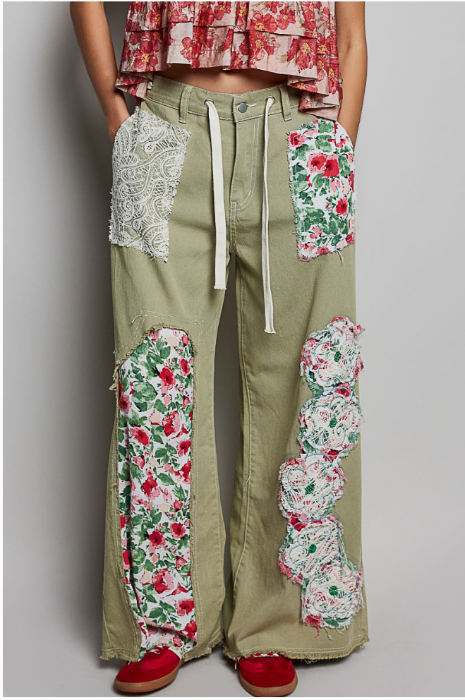 Drawstring Floral Patch Denim Pants - Deep Sage-POL