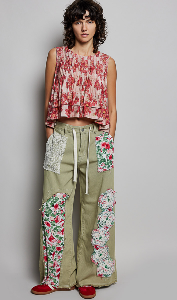 Drawstring Floral Patch Denim Pants - Deep Sage-POL