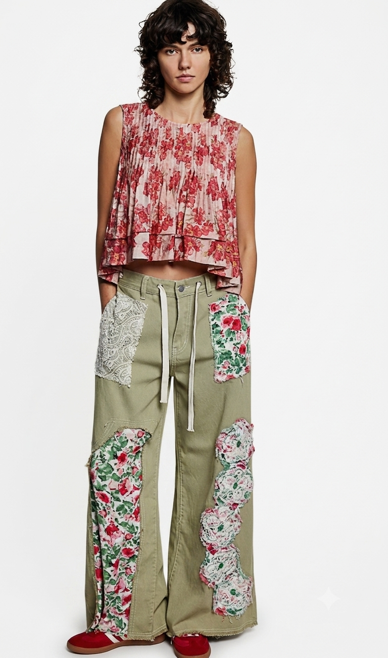 Drawstring Floral Patch Denim Pants - Deep Sage-POL